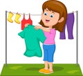 cute girl drying clothes cartoon