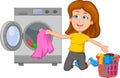 girl washing clothes with washing machine Royalty Free Stock Photo