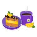 Delicious hot tea and a plate with a delicate chocolate-lemon slice of cake.