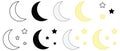 Simple Moon and Stars Clipart Set - Outline, Silhouette and Color Royalty Free Stock Photo