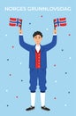 Man in Norwegian costume (bunad) raising national flags. Norway Constitution Day (Norges Grunnlovsdag)