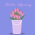 Hello spring words with tulips flowers for print, card, poster. Royalty Free Stock Photo