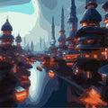 Distant Future 3D Photorealistic Illustration of Neon-lit Village
