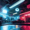 Futuristic Neon-lit Gaming Garage Scene 3D Photorealistic Surreal Illustration
