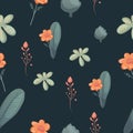 Ditsy liberty style seamless patterns. Set of summer daisy flowers in brown background. Simple flat modern drawing.