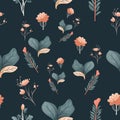 Ditsy liberty style seamless patterns. Set of summer daisy flowers in brown background. Simple flat modern drawing.