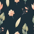 Ditsy liberty style seamless patterns. Pattern flowers in brown background.