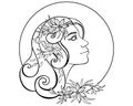 Portrait of a girl with flowers in her hair - a vector linear picture for coloring. Royalty Free Stock Photo