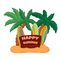 Illustration of happy summer, summer vacations, relaxing on the beach, surfing, palm trees Royalty Free Stock Photo