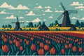 Tulip fields in Holland, tulips and windmills, Holland country