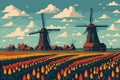 Tulip fields in Holland, tulips and windmills, Holland country