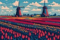 Tulip fields in Holland, tulips and windmills, Holland country