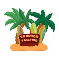 Illustration of happy summer, summer vacations, relaxing on the beach, surfing, palm trees Royalty Free Stock Photo