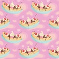 Colorful repetitive pattern background of banana split dessert made of simple vector illustrations.