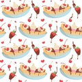 Colorful repetitive pattern background of banana split dessert and chocolate covered strawberries made of simple illustrations.