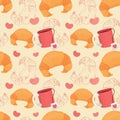 Colorful repetitive pattern background of croissant pastries and hot drink mugs made of simple vector illustrations.