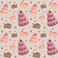 Colorful repetitive pattern background of cakes and cake slices made of simple vector illustrations.