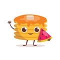 Cute dessert character. Pancakes with maple syrup and butter holds a piece of juicy watermelon in his hands. Summer time.