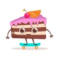 Cute dessert character. Piece of cake is riding a skateboard. Summer time.