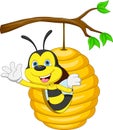 cute bee cartoon waving from inside the bee hive Royalty Free Stock Photo