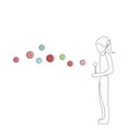 Girl playing with soap bubbles silhouette line drawing, vector illustration
