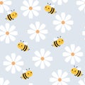 Seamless pattern with a daisy flower and a cartoon bee on a blue background vector illustration. Royalty Free Stock Photo