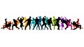 Disco, party, dancing, lots of dancing people. Colorful vector illustration of silhouettes of guys and girls. Hip hop Royalty Free Stock Photo