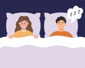 Young woman suffering of her partner\'s snore at night. Snoring man in bed. Couple or family troubles. Royalty Free Stock Photo