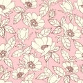 White rosehip flowers on a pink background. Hand drawn seamless vector pattern