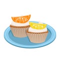 Cupcakes with cream and fruits. Orange and lemon. Filled dough, pastries.