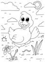 Children coloring book page duck in nature field illustration Royalty Free Stock Photo