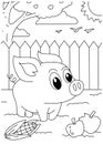 Children coloring book page cute pig in nature garden home Royalty Free Stock Photo