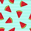 Seamless pattern of watermelon slices on a striped background. Vector background. Flat design. Royalty Free Stock Photo