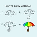Step by step to draw Umbrella. Drawing tutorial Umbrella. Drawing lesson for children. Vector illustration