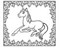 Foal. Little horse in a frame of leaves - a vector linear picture for coloring.