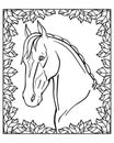 Portrait of a graceful Akhal-Teke horse in a frame of leaves - vector linear picture for coloring.