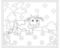 Cute Bull at night - a vector linear picture for coloring. A calf in a landscape with flowers, trees, clouds, moon and stars Royalty Free Stock Photo