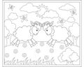 Two rams butt heads in a meadow - a vector linear picture for coloring.