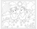 Two Rams of a friend on a meadow against the backdrop of a rainbow and clouds and the sun - a vector linear picture for coloring. Royalty Free Stock Photo