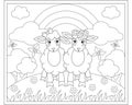 Two Sheep girlfriends in a meadow against the backdrop of a rainbow and clouds - a vector linear picture for coloring. Royalty Free Stock Photo