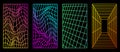 Set of four gradient grids, futuristic vector design elements, bright colored distorted lines