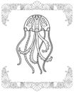 Jellyfish with shell borders - vector linear picture for coloring.