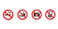 Signs forbidding different actions in various places. Signs are located on a white background Royalty Free Stock Photo