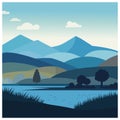 Vector Illustration Artwork a scene with hills and mountains white clouds on a blue landscape. Royalty Free Stock Photo