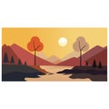 Vector Illustration Artwork Landscape of Beautiful scene of mountains with whimsical shape trees.
