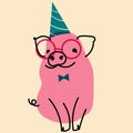 Pink, fancy pig. Vector illustration in flat cartoon style Royalty Free Stock Photo