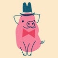 Pink, fancy pig. Vector illustration in flat cartoon style Royalty Free Stock Photo