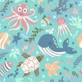 Cute underwater world with whale, turtle, octopus, algae and fish. Childish seamless vector pattern in flat style Royalty Free Stock Photo