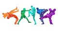 Freestyle wrestling, boxing, kickboxing, muay thai, karate, taekwondo, mixed martial arts vector colorful people silhouettes.