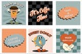 Coffee retro cartoon fast food posters and cards. Comic character slogan quote and other elements for burger bar restaurant. Royalty Free Stock Photo